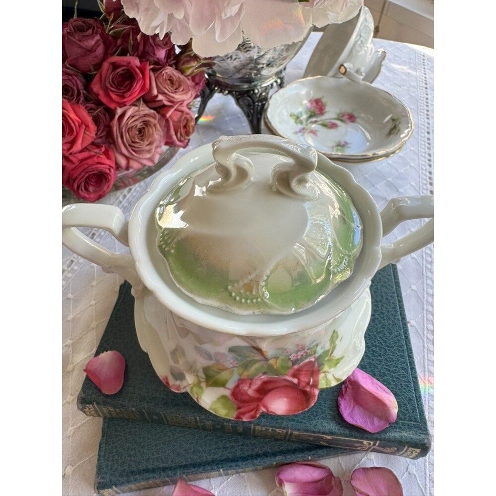 Antique Hand Painted Rose Porcelain Covered Sugar Bowl Art Nouveau Footed - Picture 11 of 16
